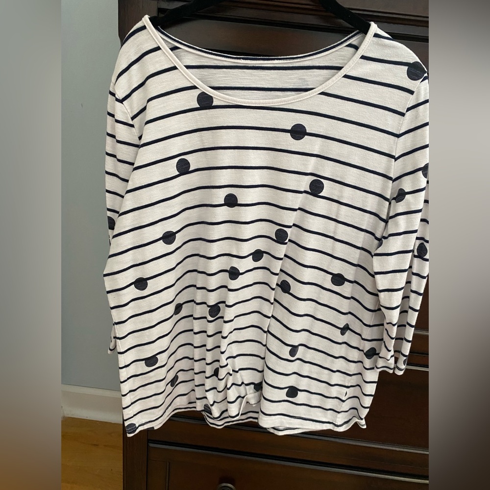 Ladies, scoop neck T-shirt, long sleeve, white with black stripe and dots